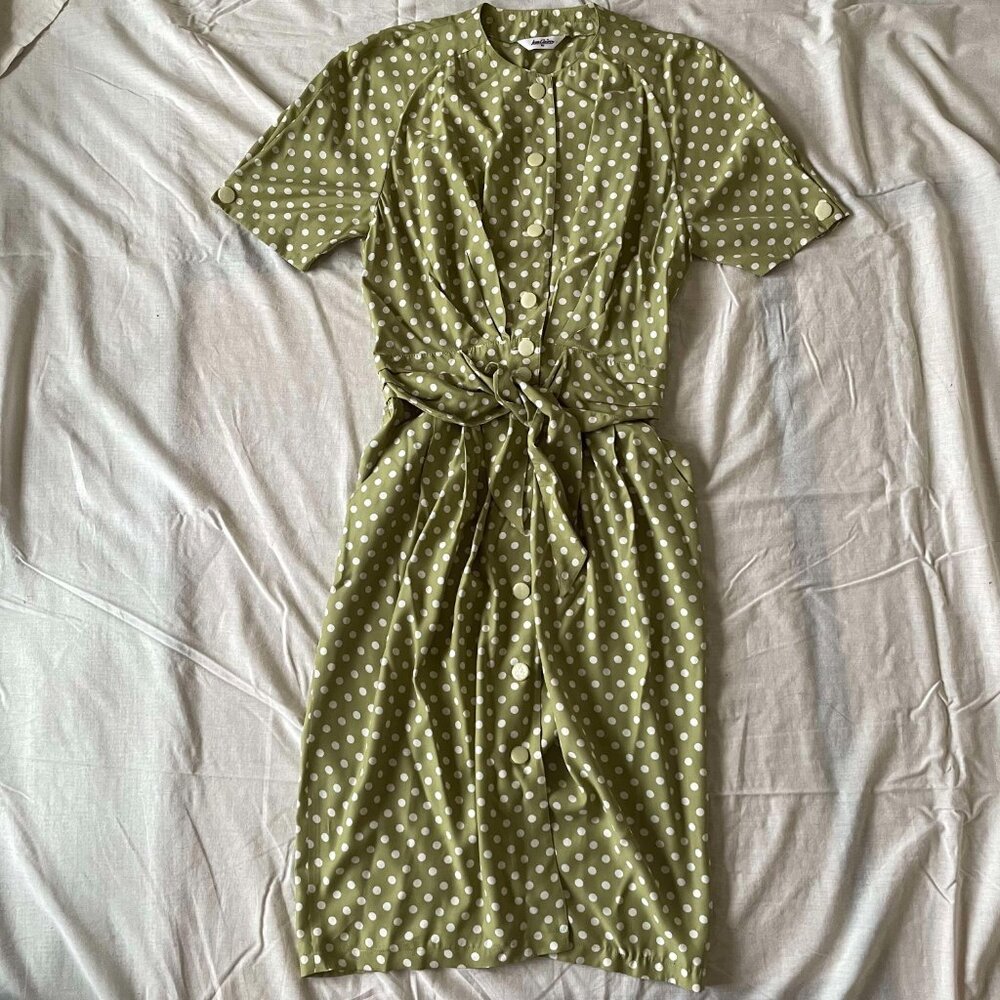 Vintage Retro 80s Sage Green Polka Dot Button-Up Waist Tie Maxi Dress Whimsy